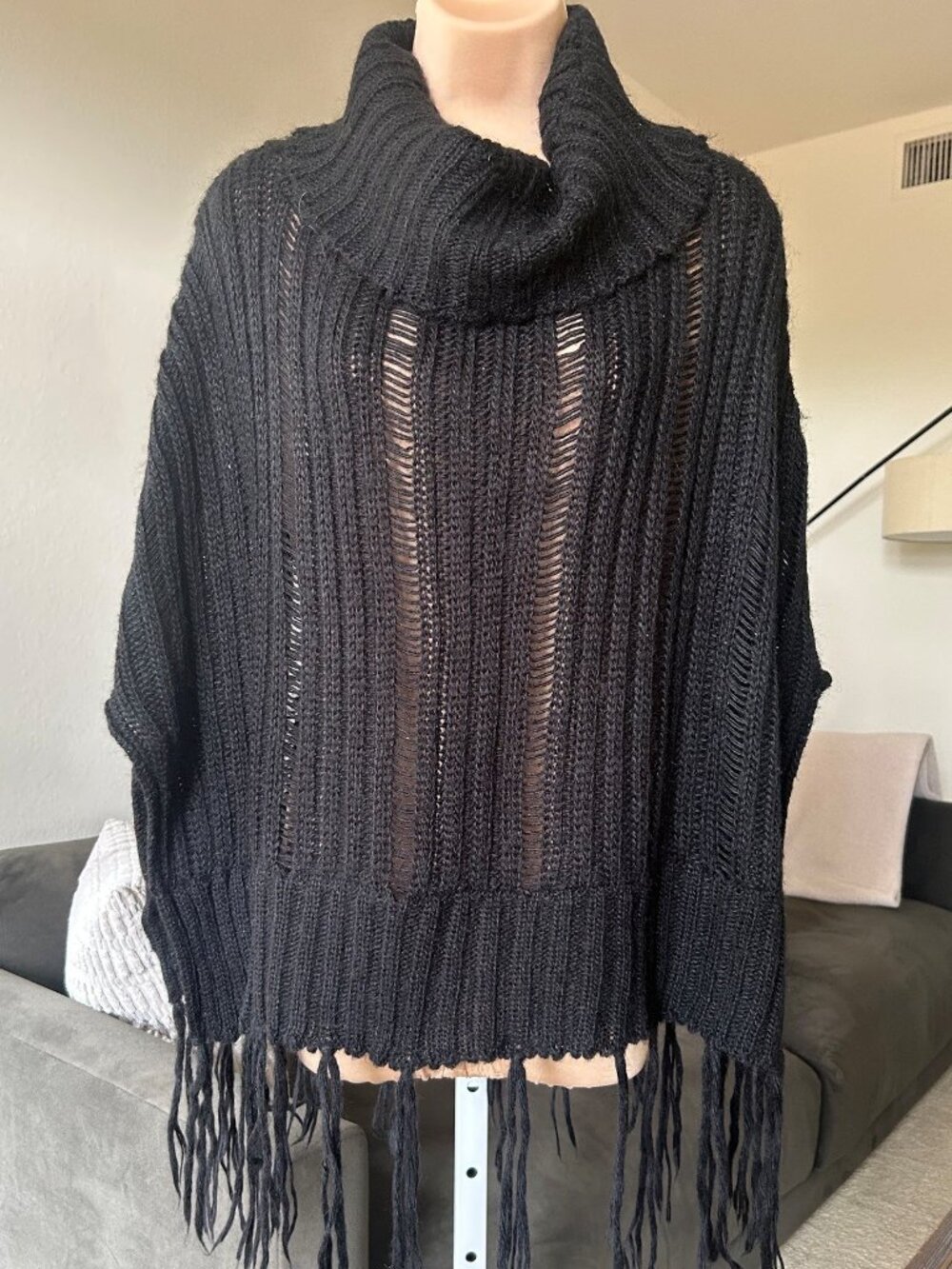 PONCHO Black Open Weave Knitted Cowl Neck Fringe Bottom Poncho EUC